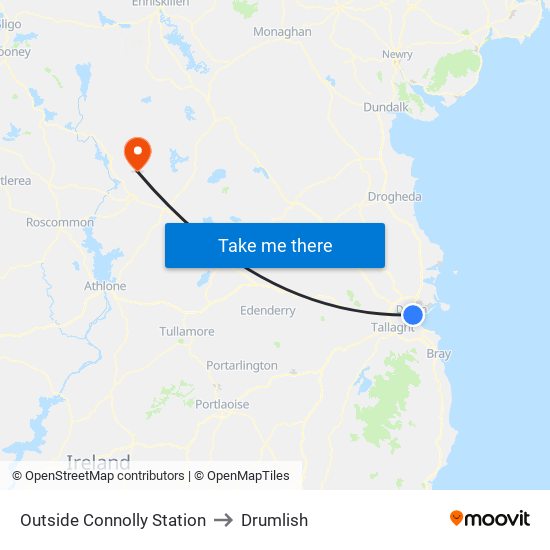 Outside Connolly Station to Drumlish map