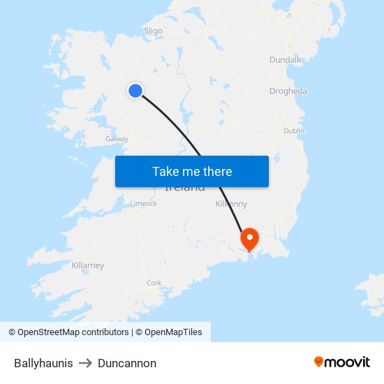 Ballyhaunis to Duncannon map