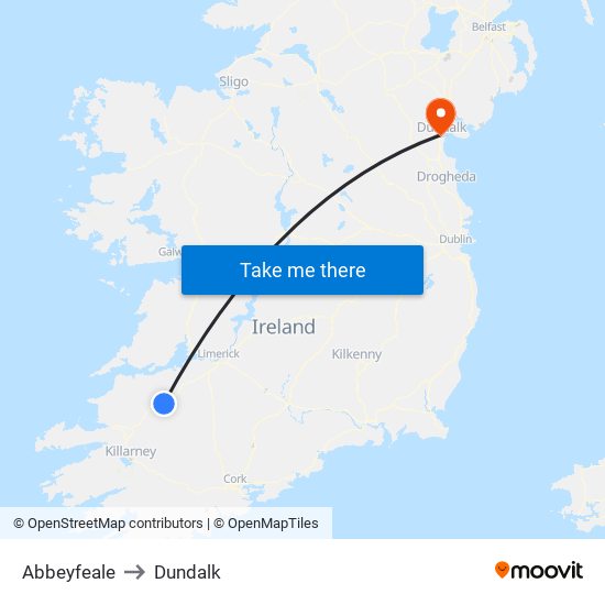 Abbeyfeale to Dundalk map
