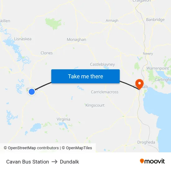 Cavan Bus Station to Dundalk map