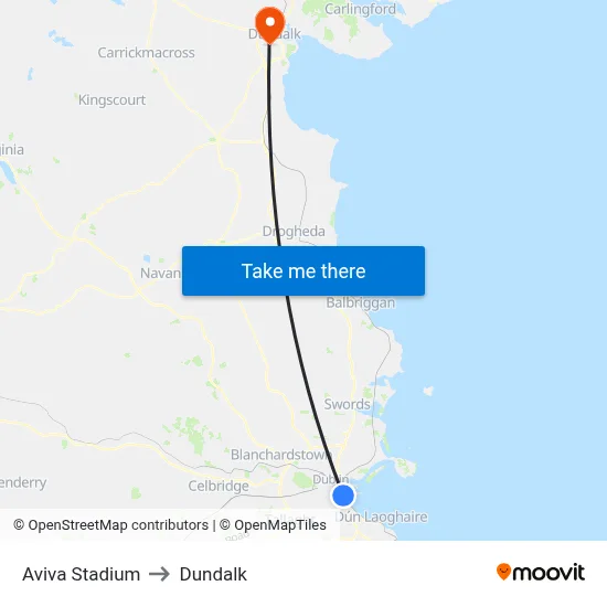 Aviva Stadium to Dundalk map