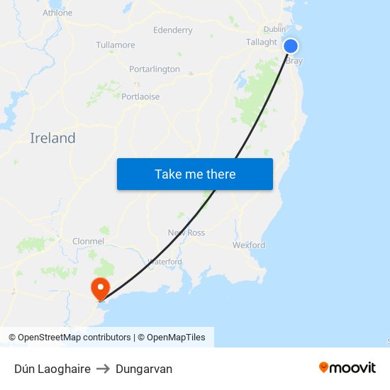 Dún Laoghaire to Dungarvan map