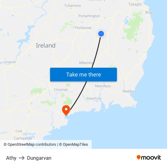 Athy to Dungarvan map