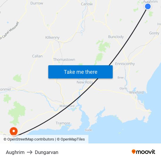 Aughrim to Dungarvan map
