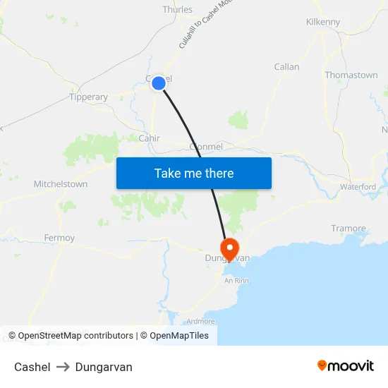 Cashel to Dungarvan map