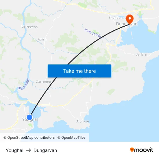 Youghal to Dungarvan map