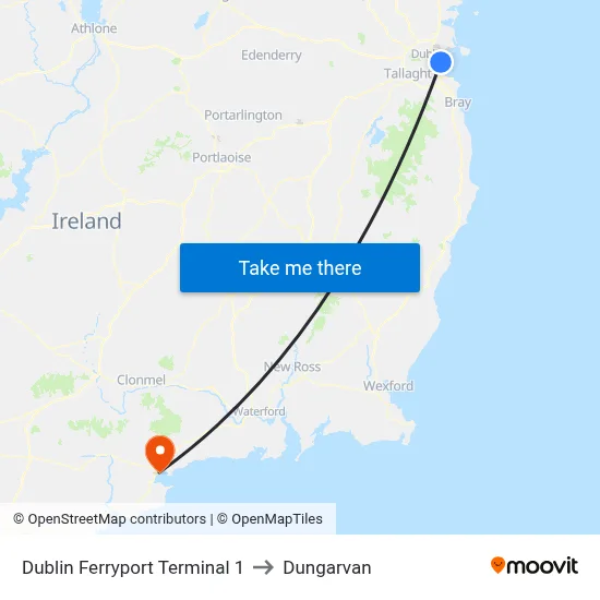 Dublin Ferryport Terminal 1 to Dungarvan map