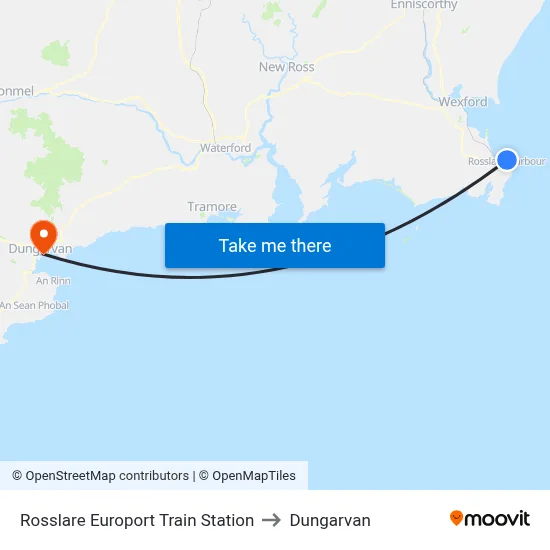 Rosslare Europort Train Station to Dungarvan map