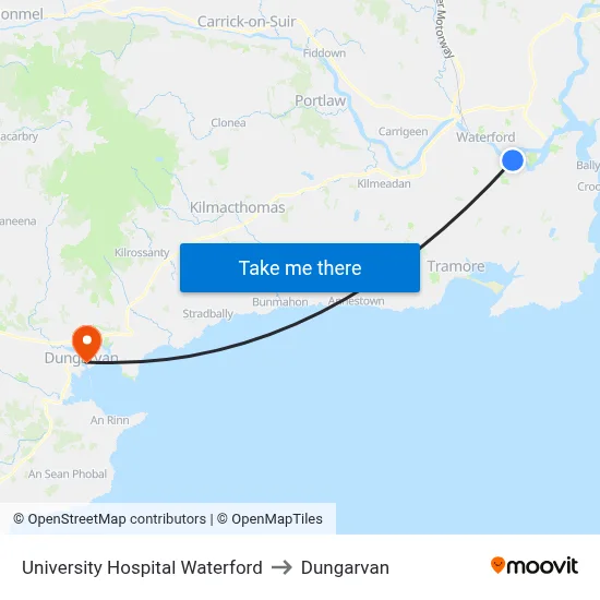 University Hospital Waterford to Dungarvan map