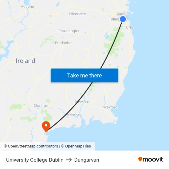 University College Dublin to Dungarvan map