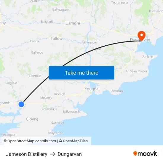 Jameson Distillery to Dungarvan map