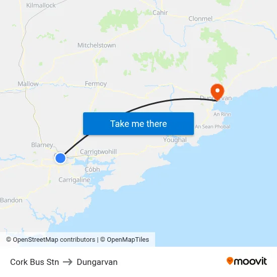 Cork Bus Stn to Dungarvan map