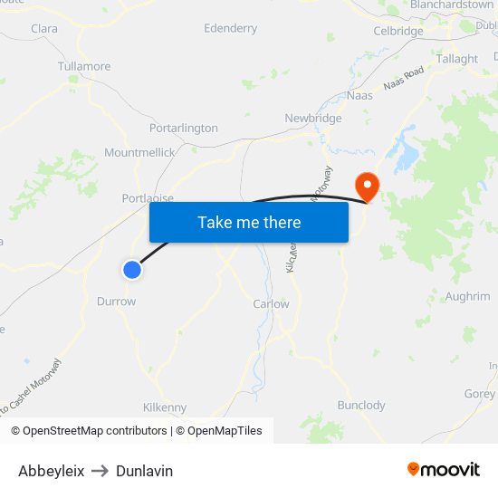 Abbeyleix to Dunlavin map
