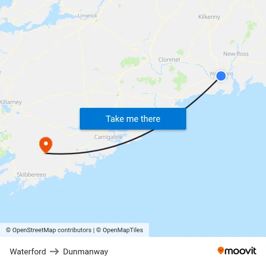Waterford to Dunmanway map