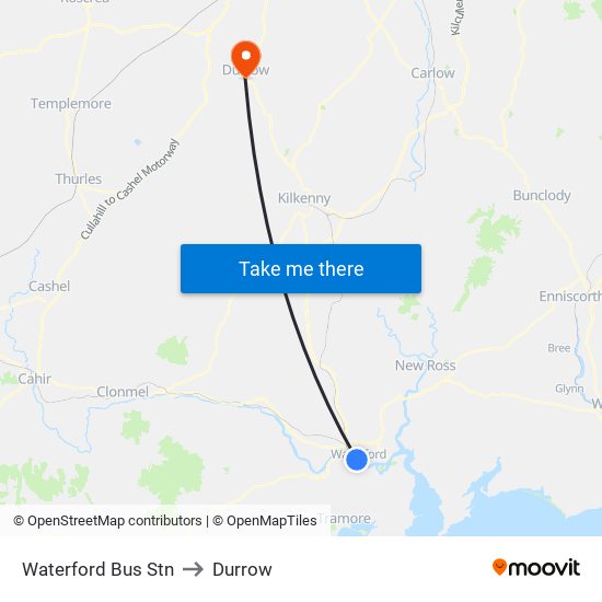 Waterford Bus Stn to Durrow map