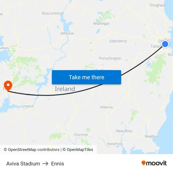 Aviva Stadium to Ennis map