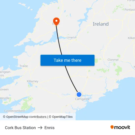 Cork Bus Station to Ennis map