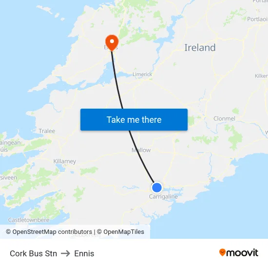 Cork Bus Stn to Ennis map