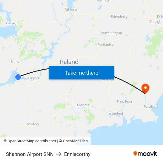 Shannon Airport SNN to Enniscorthy map