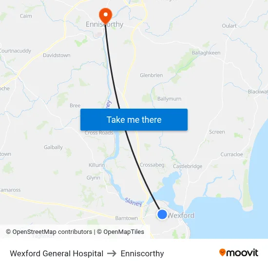 Wexford General Hospital to Enniscorthy map