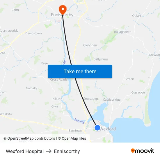 Wexford Hospital to Enniscorthy map