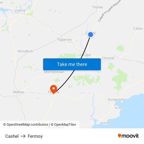 Cashel to Fermoy map