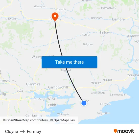 Cloyne to Fermoy map
