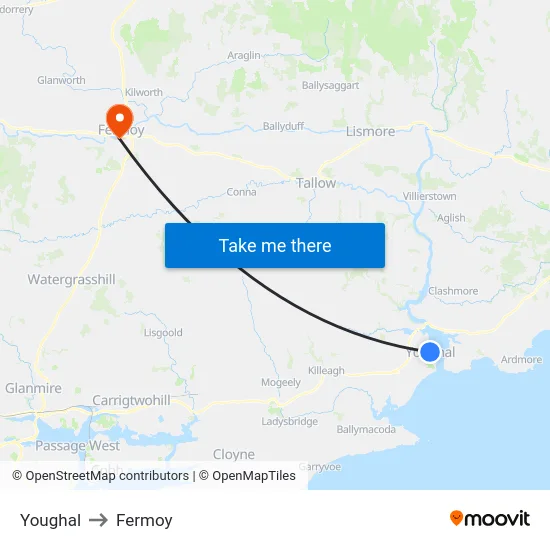 Youghal to Fermoy map