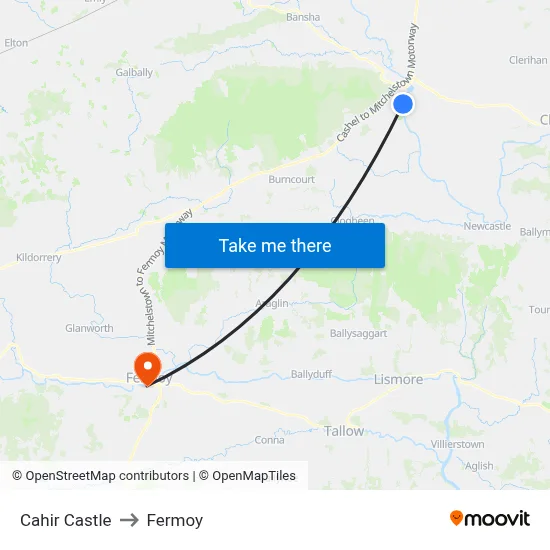 Cahir Castle to Fermoy map