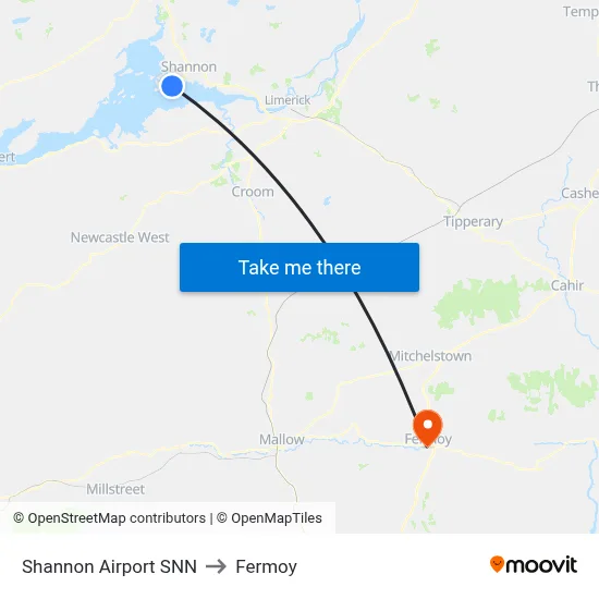 Shannon Airport SNN to Fermoy map