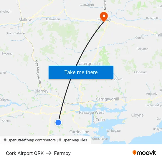 Cork Airport ORK to Fermoy map