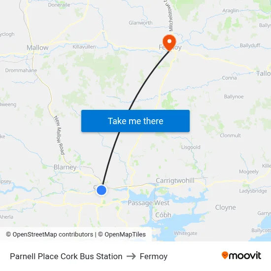 Parnell Place Cork Bus Station to Fermoy map