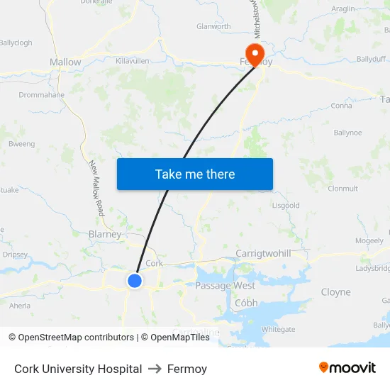 Cork University Hospital to Fermoy map