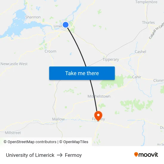 University of Limerick to Fermoy map