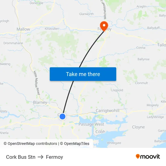 Cork Bus Stn to Fermoy map