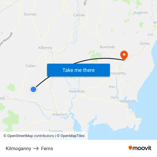 Kilmoganny to Ferns map