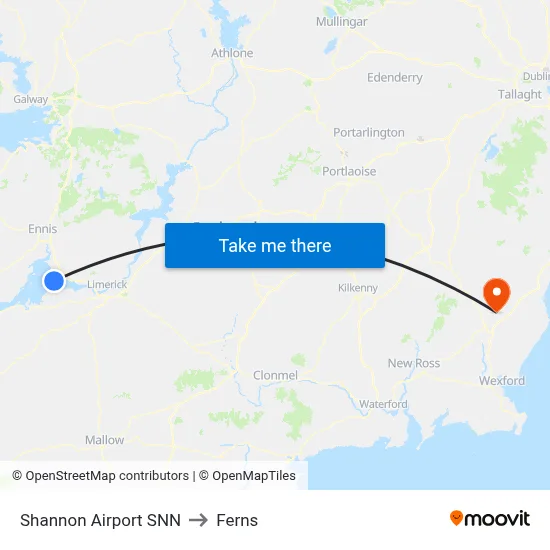 Shannon Airport SNN to Ferns map