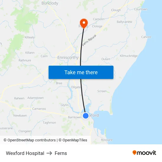 Wexford Hospital to Ferns map