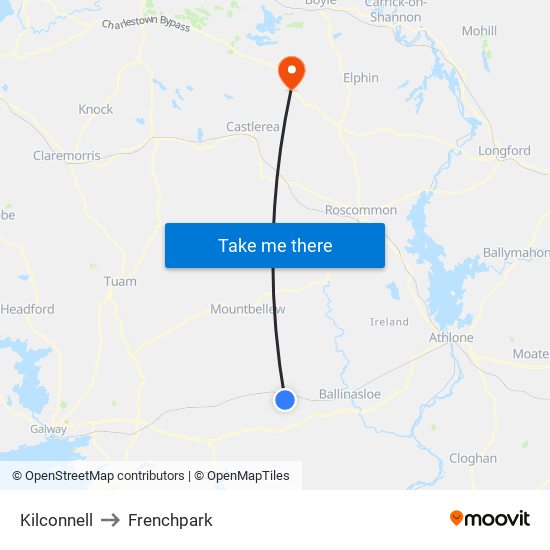 Kilconnell to Frenchpark map