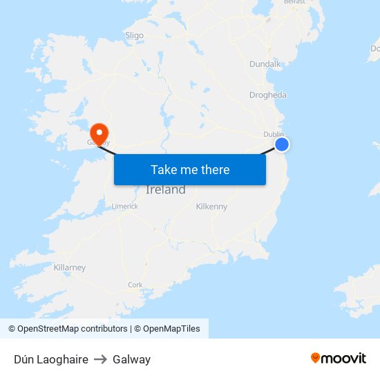 Dún Laoghaire to Galway map