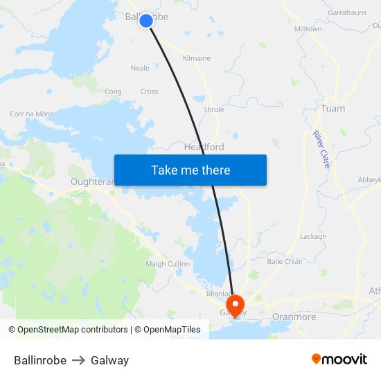 Ballinrobe to Galway map