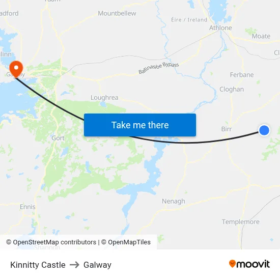 Kinnitty Castle to Galway map