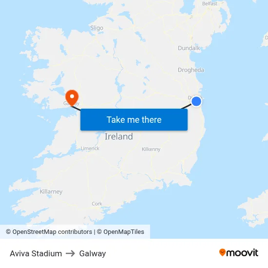 Aviva Stadium to Galway map