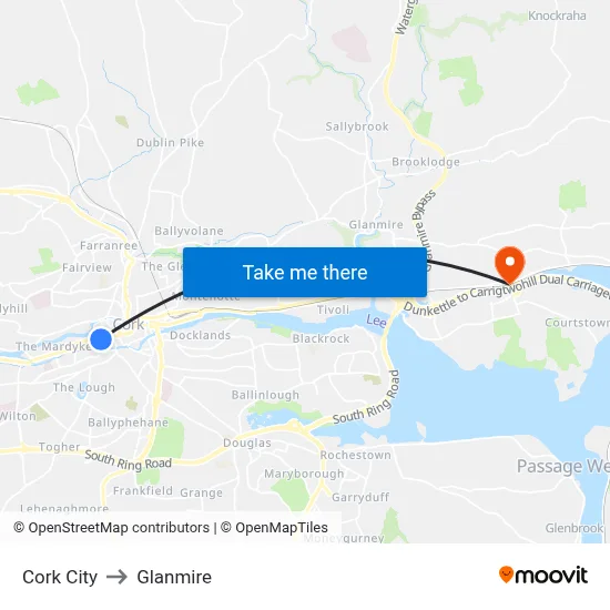 Cork City to Glanmire map