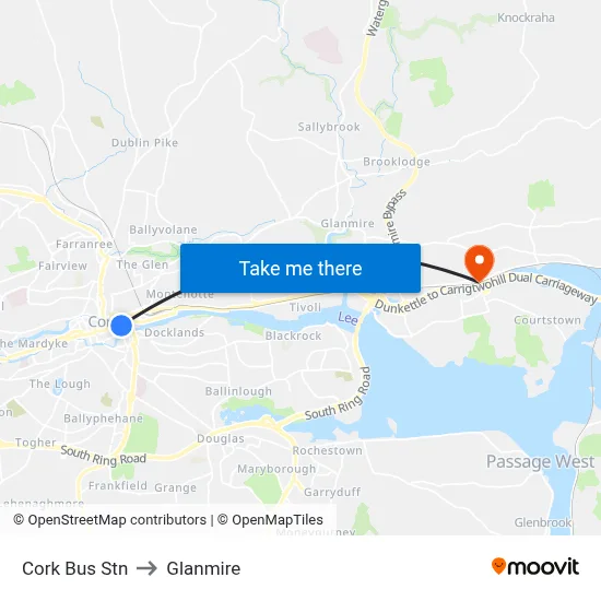 Cork Bus Stn to Glanmire map