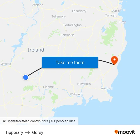 Tipperary to Gorey map