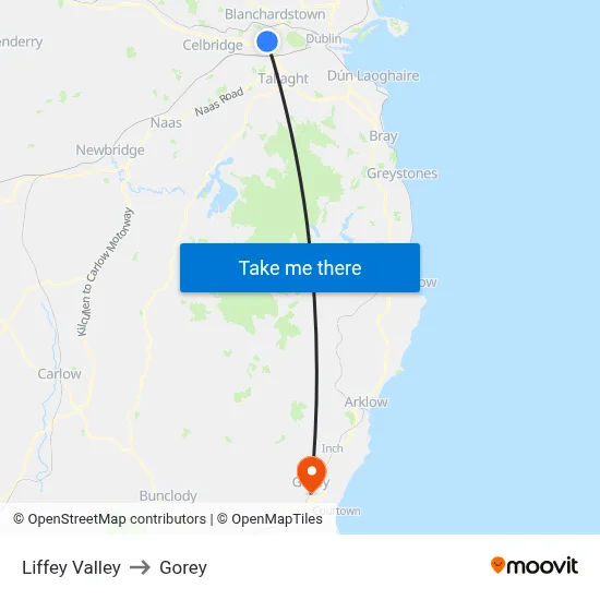 Liffey Valley to Gorey map