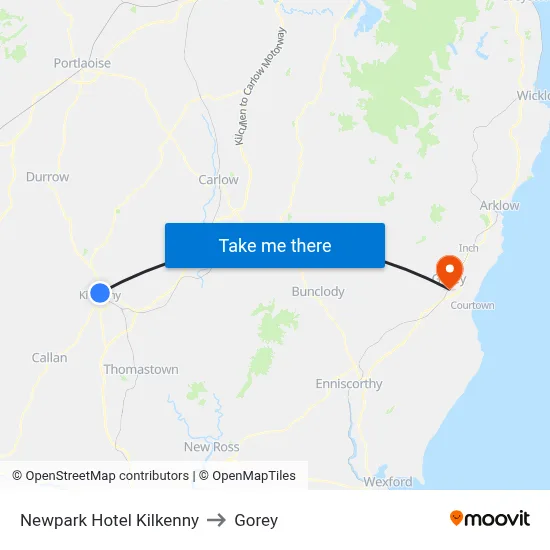Newpark Hotel Kilkenny to Gorey map