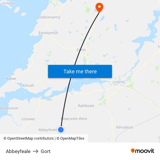 Abbeyfeale to Gort map