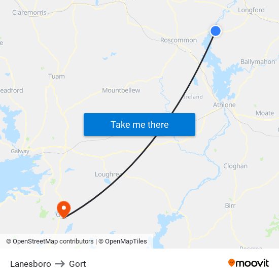 Lanesboro to Gort map